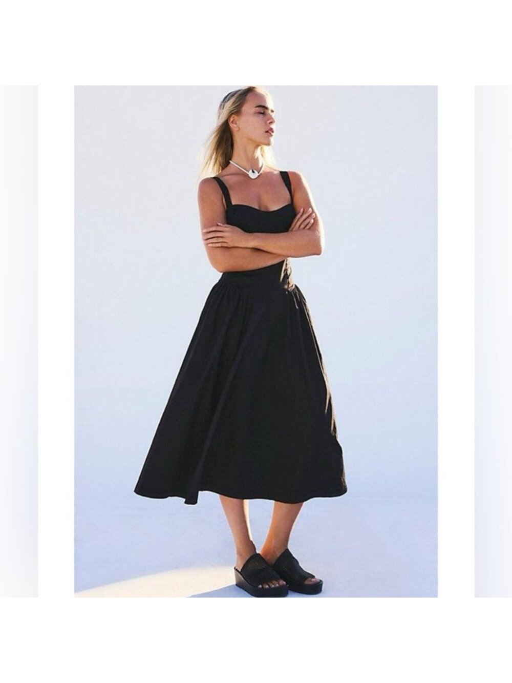 Free People Paolo Midi Dress in Black Cotton Poplin Size S - Picture 2 of 16